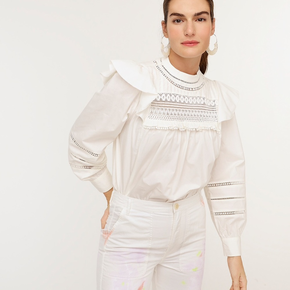 JCREW Crocheted Lace Ruffle Top NWT Large Ivory